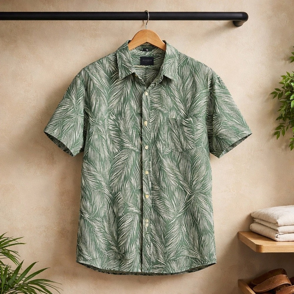 J.Crew Mens XL Slim Fit Linen Cotton Palm Leaf Print Short Sleeve Shirt Green